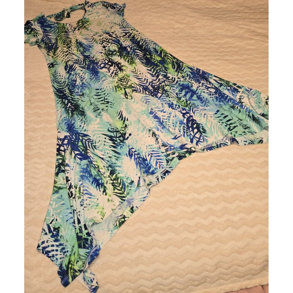 Chico's Tropical Palm Print Midi Dress Blue Green Short Sleeve Resort Wear Small